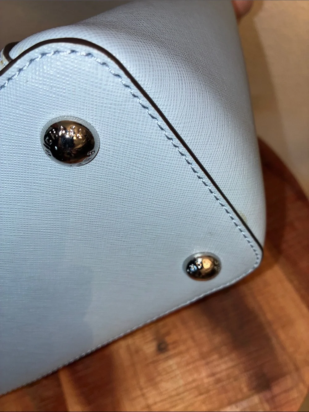 Michael Kors Powder Blue Saffiano Carry All Leather Tote, MK Charm, dust bag euc